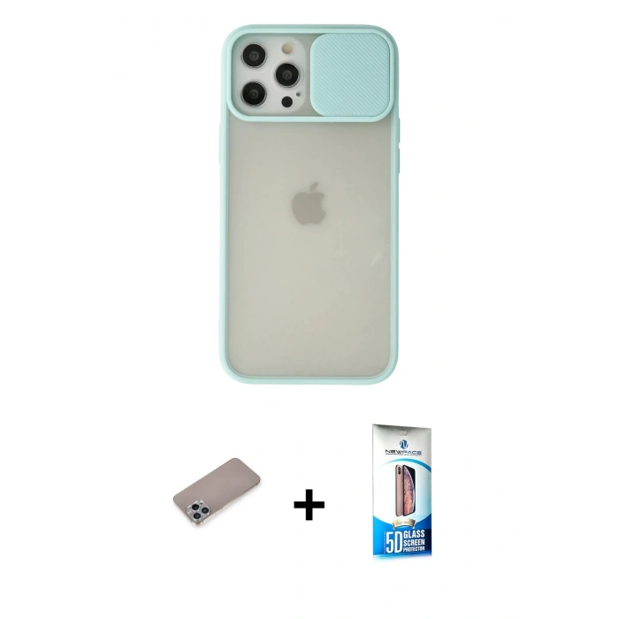 MARSİLYAN™- iPhone 12 Pro Max Kılıf Vadi Çizgi - Siyah 5D Eko Cam Ekran Koruyucu + Sierra Blue Shine Kamera Lens Koruma Cam