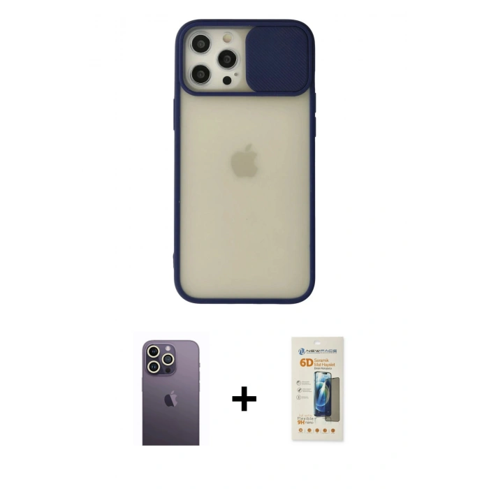 MARSİLYAN™- iPhone 12 Pro Max Kılıf Vadi Çizgi - Siyah 6D Mat Seramik Hayalet Nano Ekran Koruyucu + Neon Fosforlu Kamera Lens - BZ