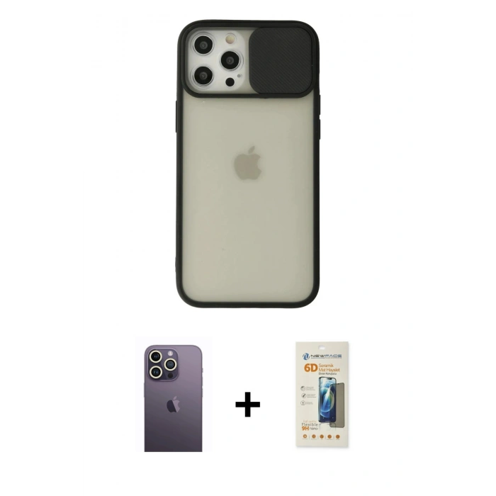 MARSİLYAN™- iPhone 12 Pro Max Kılıf Vadi Çizgi - Siyah 6D Mat Seramik Hayalet Nano Ekran Koruyucu + Neon Fosforlu Kamera Lens - BZ