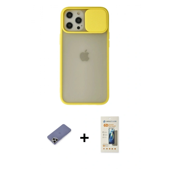MARSİLYAN™- iPhone 12 Pro Max Kılıf Vadi Çizgi - Siyah 6D Mat Seramik Hayalet Nano Ekran Koruyucu + Gold Metal Kamera Lens Koruma Cam