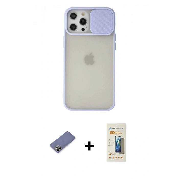 MARSİLYAN™- iPhone 12 Pro Max Kılıf Vadi Çizgi - Siyah 6D Mat Seramik Hayalet Nano Ekran Koruyucu + Gold Metal Kamera Lens Koruma Cam