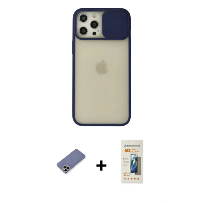MARSİLYAN™- iPhone 12 Pro Max Kılıf Vadi Çizgi - Siyah 6D Mat Seramik Hayalet Nano Ekran Koruyucu + Gold Metal Kamera Lens Koruma Cam