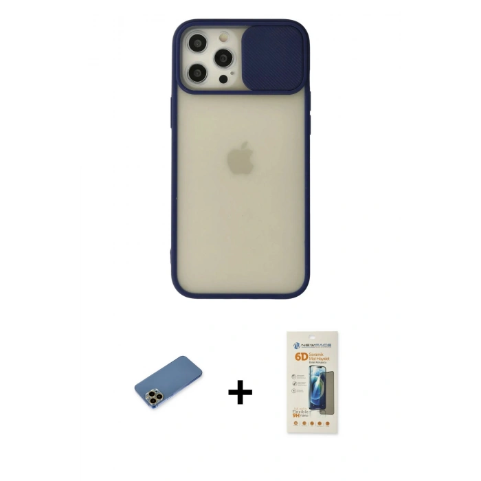 MARSİLYAN™- iPhone 12 Pro Max Kılıf Vadi Çizgi - Siyah 6D Mat Seramik Hayalet Nano Ekran Koruyucu + Gold Shine Kamera Lens Koruma Cam