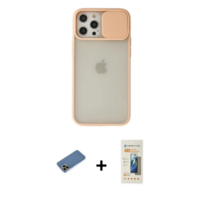 MARSİLYAN™- iPhone 12 Pro Max Kılıf Vadi Çizgi - Siyah 6D Mat Seramik Hayalet Nano Ekran Koruyucu + Gold Shine Kamera Lens Koruma Cam