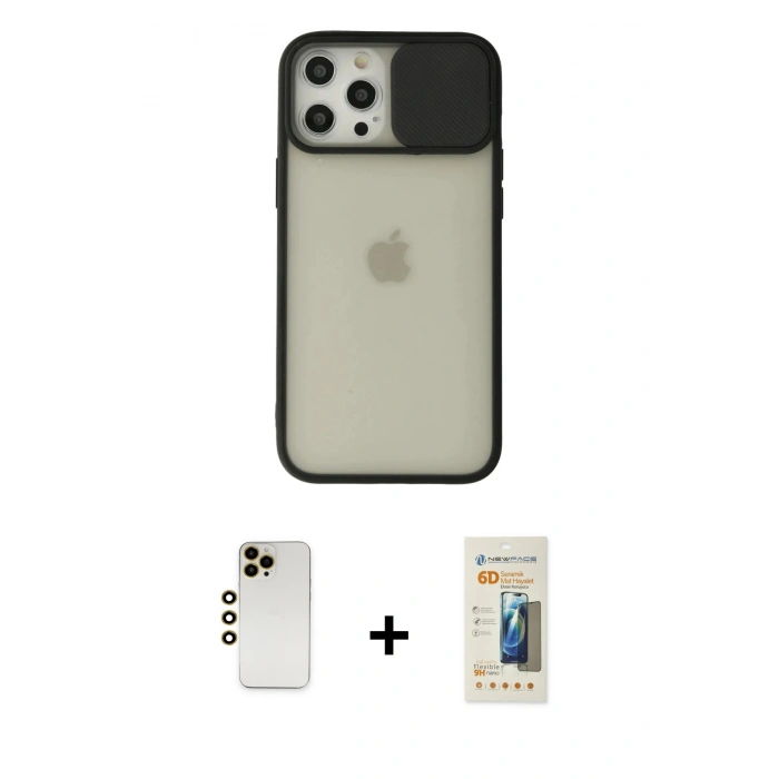 MARSİLYAN™- iPhone 12 Pro Max Kılıf Vadi Çizgi - Siyah 6D Mat Seramik Hayalet Nano Ekran Koruyucu + Shine Kamera Lens - GD