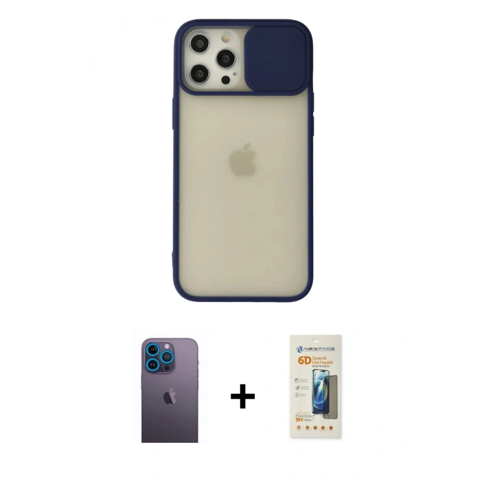 MARSİLYAN™- iPhone 12 Pro Max Kılıf Vadi Çizgi - Siyah 6D Mat Seramik Hayalet Nano Ekran Koruyucu + Neon Fosforlu Kamera Lens - MI
