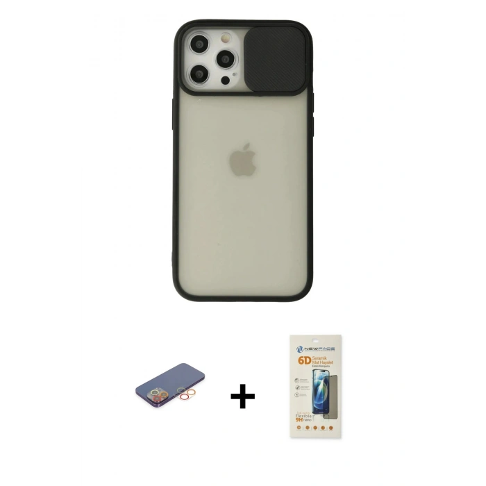 MARSİLYAN™- iPhone 12 Pro Max Kılıf Vadi Çizgi - Siyah 6D Mat Seramik Hayalet Nano Ekran Koruyucu + Renkli Kamera Lens Koruma Cam - TU