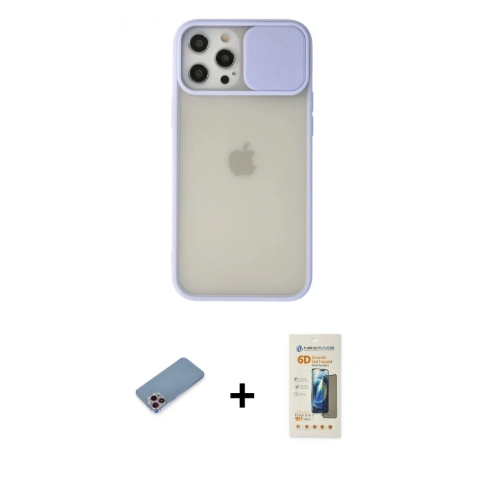 MARSİLYAN™- iPhone 12 Pro Max Kılıf Vadi Çizgi - Siyah 6D Mat Seramik Hayalet Nano Ekran Koruyucu + Shine Kamera Lens Koruma Cam - PE