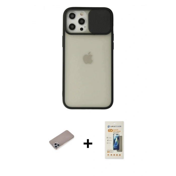 MARSİLYAN™- iPhone 12 Pro Max Kılıf Vadi Çizgi - Siyah 6D Mat Seramik Hayalet Nano Ekran Koruyucu + Shine Kamera Lens Koruma Cam - SABE