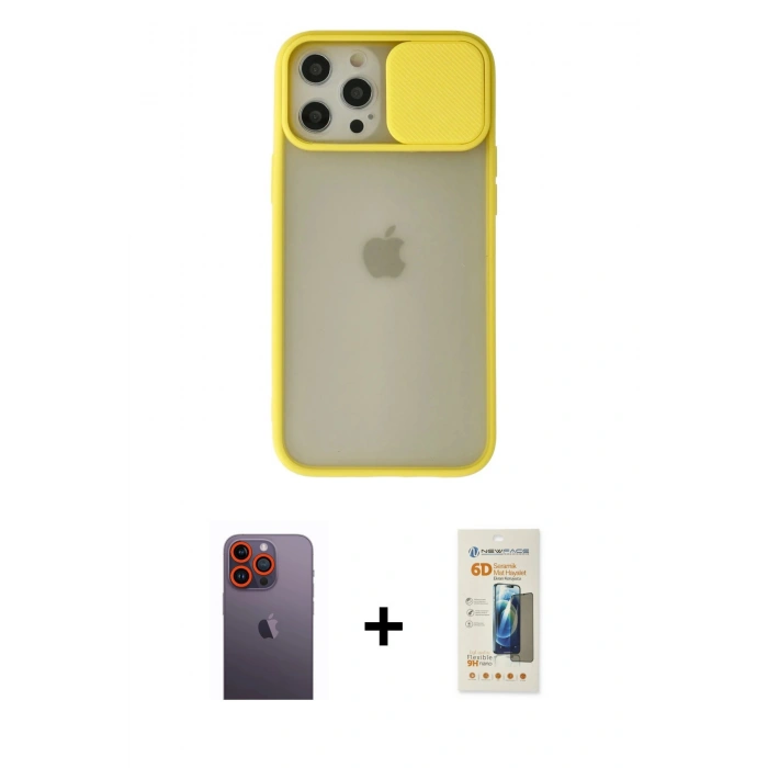 MARSİLYAN™- iPhone 12 Pro Max Kılıf Vadi Çizgi - Siyah 6D Mat Seramik Hayalet Nano Ekran Koruyucu + Turuncu Neon Fosforlu Kamera Lens