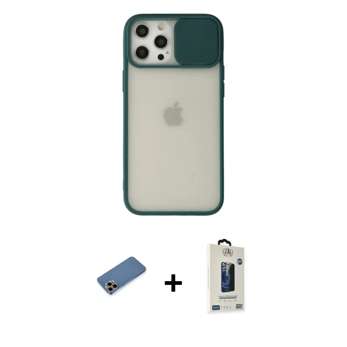 MARSİLYAN™- iPhone 12 Pro Max Kılıf Vadi Çizgi - Siyah Bilvis Hayalet Cam Ekran Koruyucu + Shine Kamera Lens Koruma Cam - GD