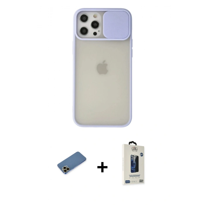 MARSİLYAN™- iPhone 12 Pro Max Kılıf Vadi Çizgi - Siyah Bilvis Hayalet Cam Ekran Koruyucu + Shine Kamera Lens Koruma Cam - GD