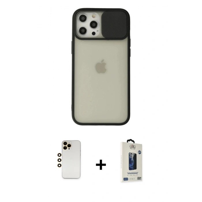 MARSİLYAN™- iPhone 12 Pro Max Kılıf Vadi Çizgi - Siyah Bilvis Hayalet Cam Ekran Koruyucu + Shine Kamera Lens - GD