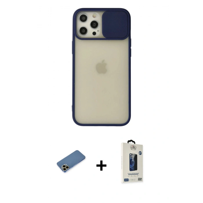 MARSİLYAN™- iPhone 12 Pro Max Kılıf Vadi Çizgi - Siyah Bilvis Hayalet Cam Ekran Koruyucu + Shine Kamera Lens Koruma Cam - GD