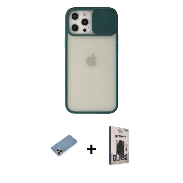 MARSİLYAN™- iPhone 12 Pro Max Kılıf Vadi Çizgi - Siyah Bilvis Hayalet Cam Ekran Koruyucu + Shine Kamera Lens Koruma Cam - GS