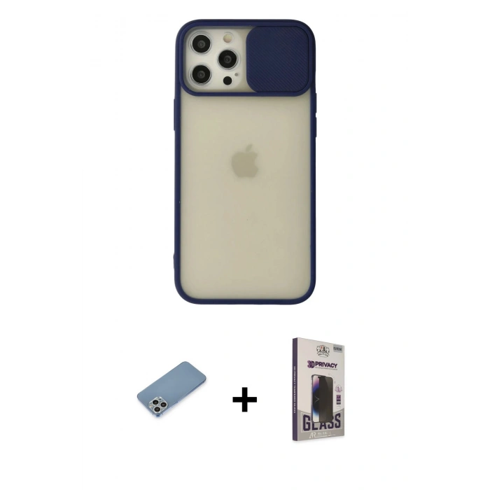 MARSİLYAN™- iPhone 12 Pro Max Kılıf Vadi Çizgi - Siyah Bilvis Hayalet Cam Ekran Koruyucu + Shine Kamera Lens Koruma Cam - GS