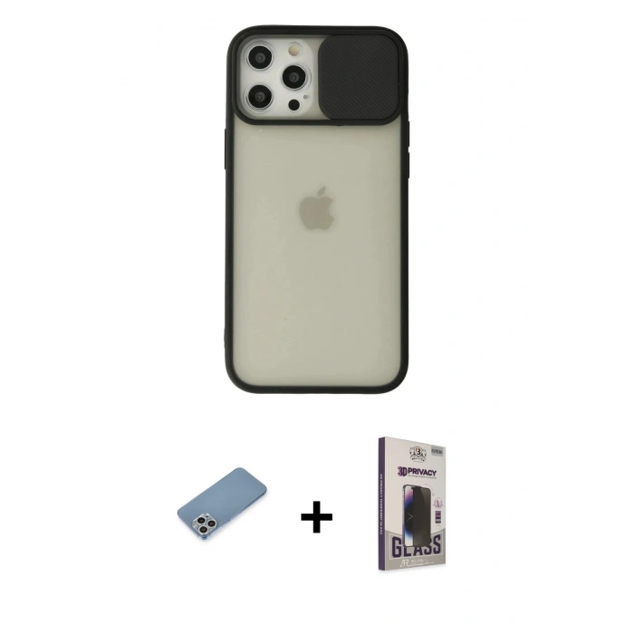 MARSİLYAN™- iPhone 12 Pro Max Kılıf Vadi Çizgi - Siyah Bilvis Hayalet Cam Ekran Koruyucu + Shine Kamera Lens Koruma Cam - GS