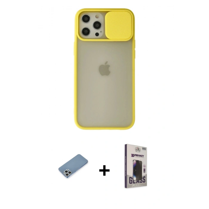 MARSİLYAN™- iPhone 12 Pro Max Kılıf Vadi Çizgi - Siyah Bilvis Hayalet Cam Ekran Koruyucu + Shine Kamera Lens Koruma Cam - GS