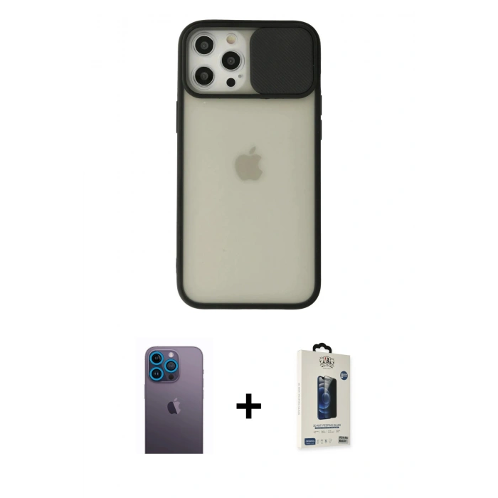 MARSİLYAN™- iPhone 12 Pro Max Kılıf Vadi Çizgi - Siyah Bilvis Hayalet Cam Ekran Koruyucu + Neon Fosforlu Kamera Lens - MI