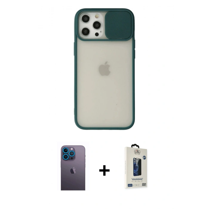 MARSİLYAN™- iPhone 12 Pro Max Kılıf Vadi Çizgi - Siyah Bilvis Hayalet Cam Ekran Koruyucu + Neon Fosforlu Kamera Lens - MI