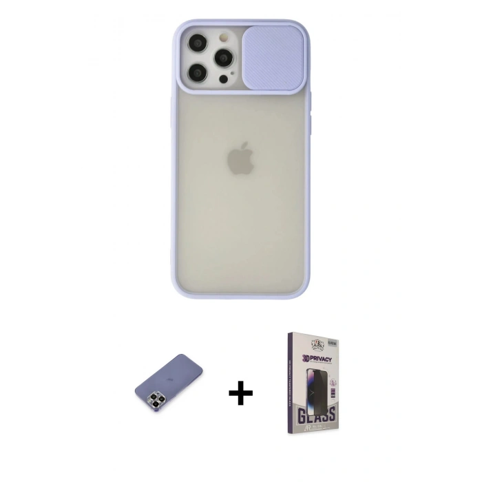 MARSİLYAN™- iPhone 12 Pro Max Kılıf Vadi Çizgi - Siyah Bilvis Hayalet Cam Ekran Koruyucu + Metal Kamera Lens Koruma Cam - GD
