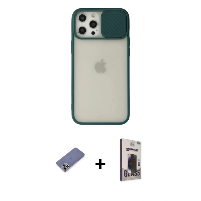 MARSİLYAN™- iPhone 12 Pro Max Kılıf Vadi Çizgi - Siyah Bilvis Hayalet Cam Ekran Koruyucu + Metal Kamera Lens Koruma Cam - GD