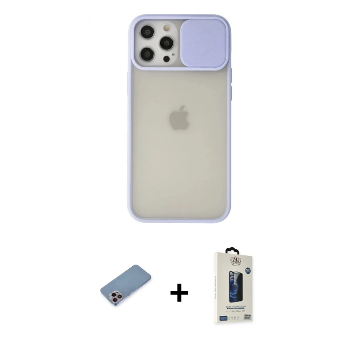 MARSİLYAN™- iPhone 12 Pro Max Kılıf Vadi Çizgi - Siyah Bilvis Hayalet Cam Ekran Koruyucu + Pembe Shine Kamera Lens Koruma Cam