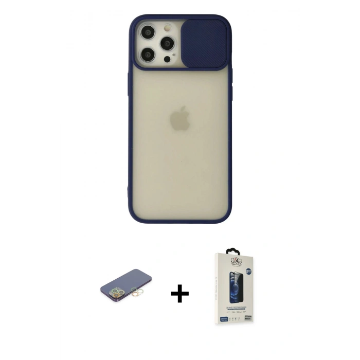 MARSİLYAN™- iPhone 12 Pro Max Kılıf Vadi Çizgi - Siyah Bilvis Hayalet Cam Ekran Koruyucu + Renkli Kamera Lens Koruma Cam - SI