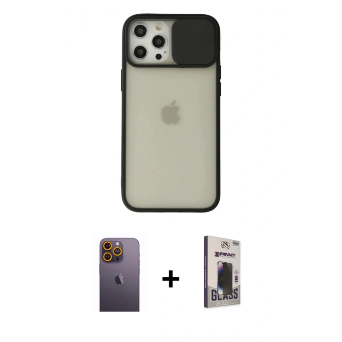 MARSİLYAN™- iPhone 12 Pro Max Kılıf Vadi Çizgi - Siyah Bilvis Hayalet Cam Ekran Koruyucu + Neon Fosforlu Kamera Lens - SI