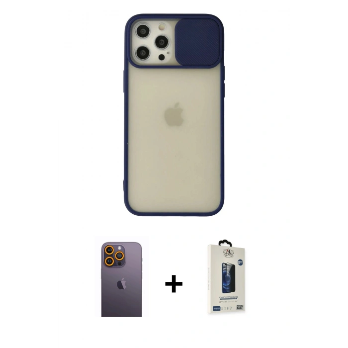 MARSİLYAN™- iPhone 12 Pro Max Kılıf Vadi Çizgi - Siyah Bilvis Hayalet Cam Ekran Koruyucu + Neon Fosforlu Kamera Lens - SI