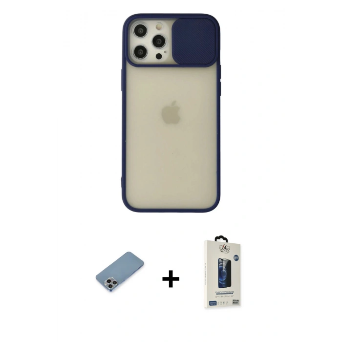 MARSİLYAN™- iPhone 12 Pro Max Kılıf Vadi Çizgi - Siyah Bilvis Hayalet Cam Ekran Koruyucu + Shine Kamera Lens Koruma Cam - GI