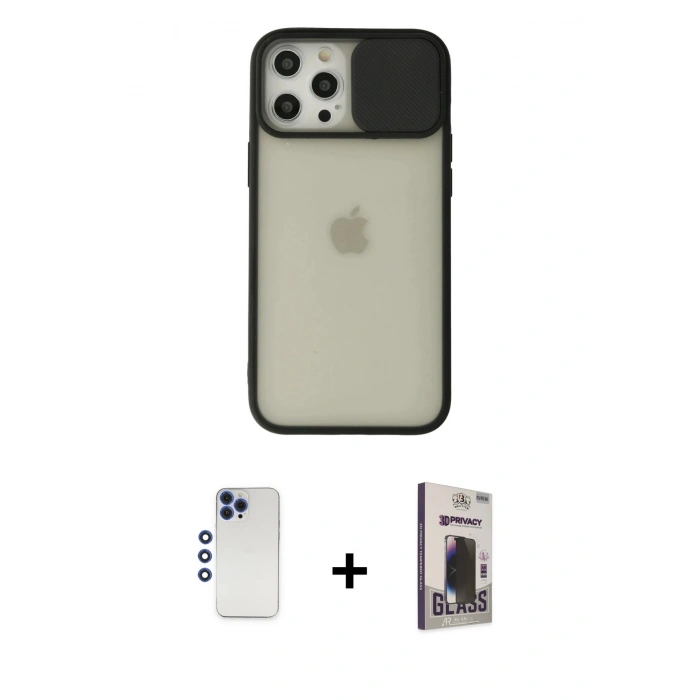 MARSİLYAN™- iPhone 12 Pro Max Kılıf Vadi Çizgi - Siyah Bilvis Hayalet Cam Ekran Koruyucu + Shine Kamera Lens - LT