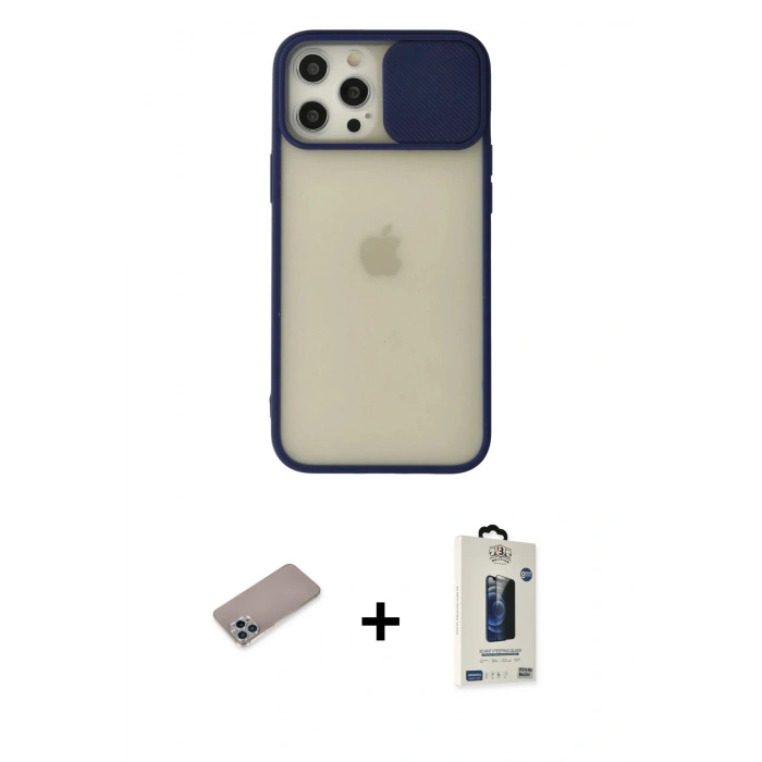 MARSİLYAN™- iPhone 12 Pro Max Kılıf Vadi Çizgi - Siyah Bilvis Hayalet Cam Ekran Koruyucu + Shine Kamera Lens Koruma Cam - SABE