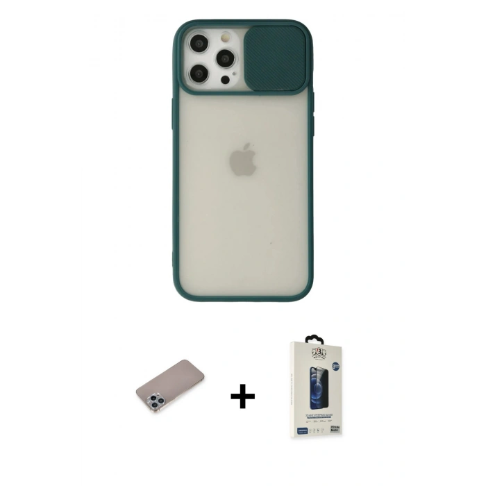 MARSİLYAN™- iPhone 12 Pro Max Kılıf Vadi Çizgi - Siyah Bilvis Hayalet Cam Ekran Koruyucu + Shine Kamera Lens Koruma Cam - SABE