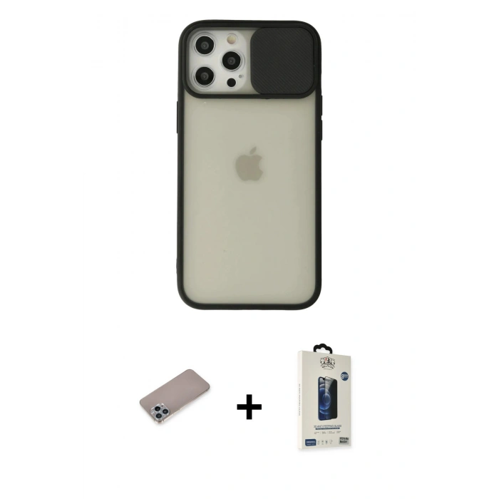 MARSİLYAN™- iPhone 12 Pro Max Kılıf Vadi Çizgi - Siyah Bilvis Hayalet Cam Ekran Koruyucu + Shine Kamera Lens Koruma Cam - SABE