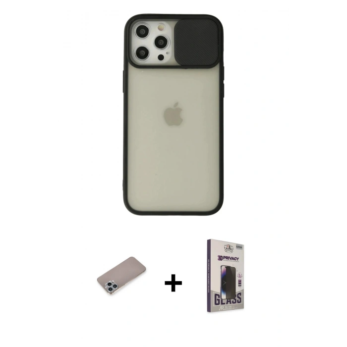 MARSİLYAN™- iPhone 12 Pro Max Kılıf Vadi Çizgi - Siyah Bilvis Hayalet Cam Ekran Koruyucu + Shine Kamera Lens Koruma Cam - SABE