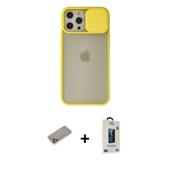 MARSİLYAN™- iPhone 12 Pro Max Kılıf Vadi Çizgi - Siyah Bilvis Hayalet Cam Ekran Koruyucu + Shine Kamera Lens Koruma Cam - SABE