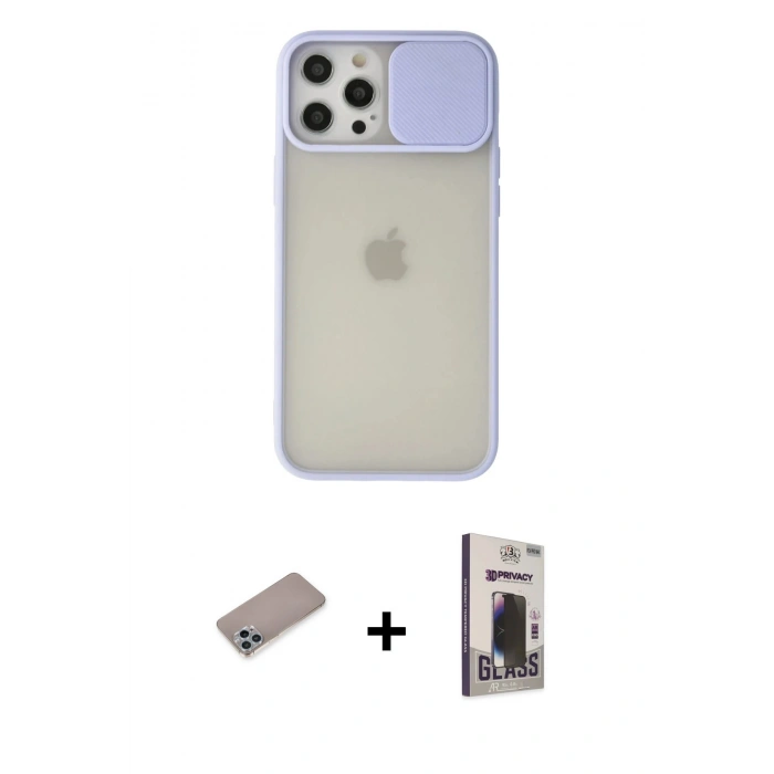 MARSİLYAN™- iPhone 12 Pro Max Kılıf Vadi Çizgi - Siyah Bilvis Hayalet Cam Ekran Koruyucu + Shine Kamera Lens Koruma Cam - SABE