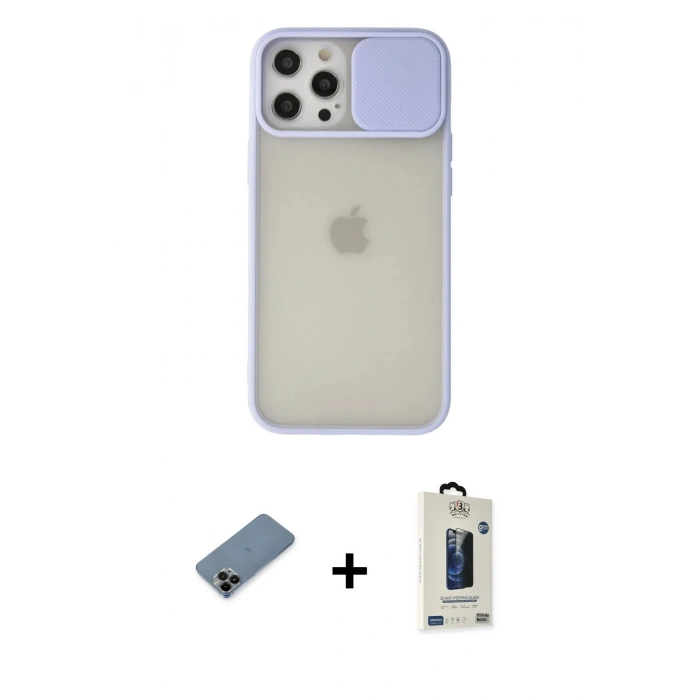 MARSİLYAN™- iPhone 12 Pro Max Kılıf Vadi Çizgi - Siyah Bilvis Hayalet Cam Ekran Koruyucu + Shine Kamera Lens Koruma Cam - SH