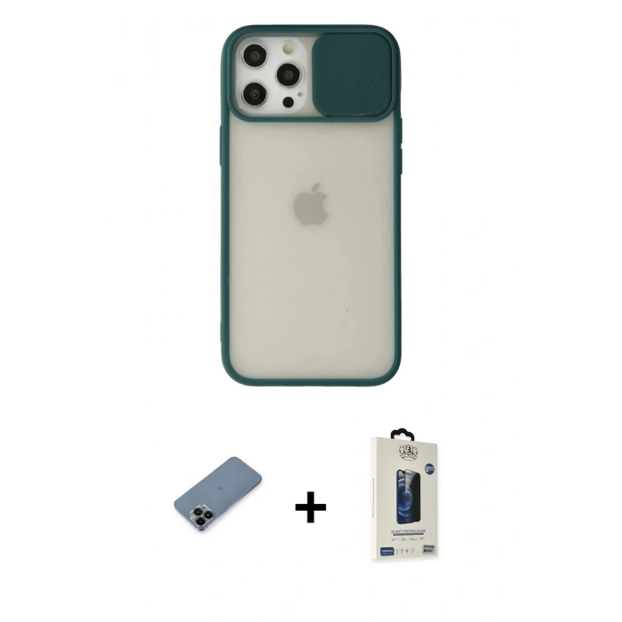 MARSİLYAN™- iPhone 12 Pro Max Kılıf Vadi Çizgi - Siyah Bilvis Hayalet Cam Ekran Koruyucu + Shine Kamera Lens Koruma Cam - SH