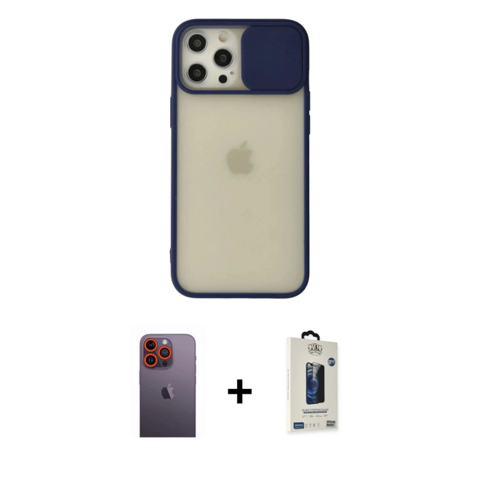 MARSİLYAN™- iPhone 12 Pro Max Kılıf Vadi Çizgi - Siyah Bilvis Hayalet Cam Ekran Koruyucu + Neon Fosforlu Kamera Lens - TU