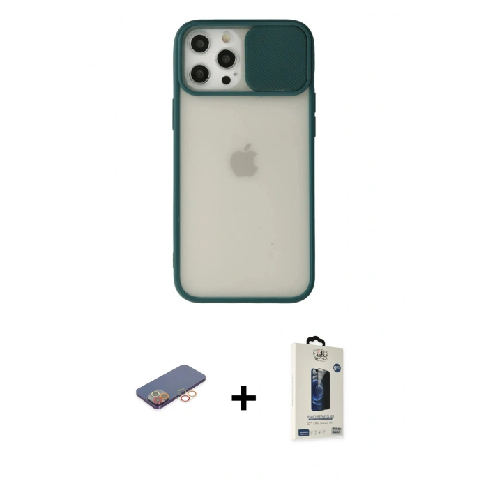 MARSİLYAN™- iPhone 12 Pro Max Kılıf Vadi Çizgi - Siyah Bilvis Hayalet Cam Ekran Koruyucu + Renkli Kamera Lens Koruma Cam - TU