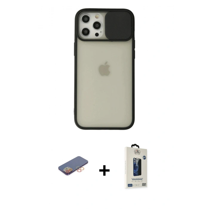 MARSİLYAN™- iPhone 12 Pro Max Kılıf Vadi Çizgi - Siyah Bilvis Hayalet Cam Ekran Koruyucu + Renkli Kamera Lens Koruma Cam - TU
