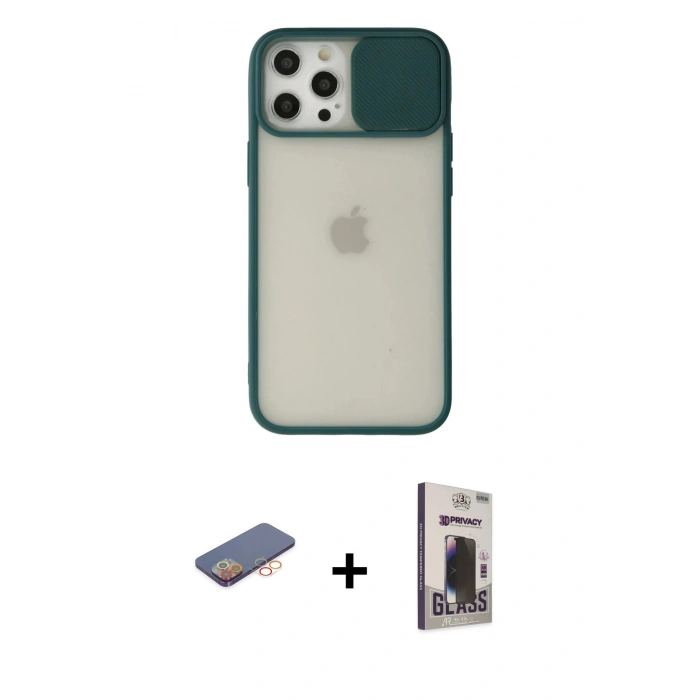 MARSİLYAN™- iPhone 12 Pro Max Kılıf Vadi Çizgi - Siyah Bilvis Hayalet Cam Ekran Koruyucu + Renkli Kamera Lens Koruma Cam - TU