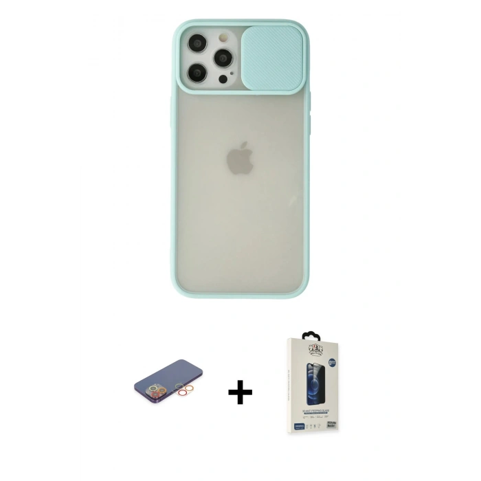 MARSİLYAN™- iPhone 12 Pro Max Kılıf Vadi Çizgi - Siyah Bilvis Hayalet Cam Ekran Koruyucu + Renkli Kamera Lens Koruma Cam - TU