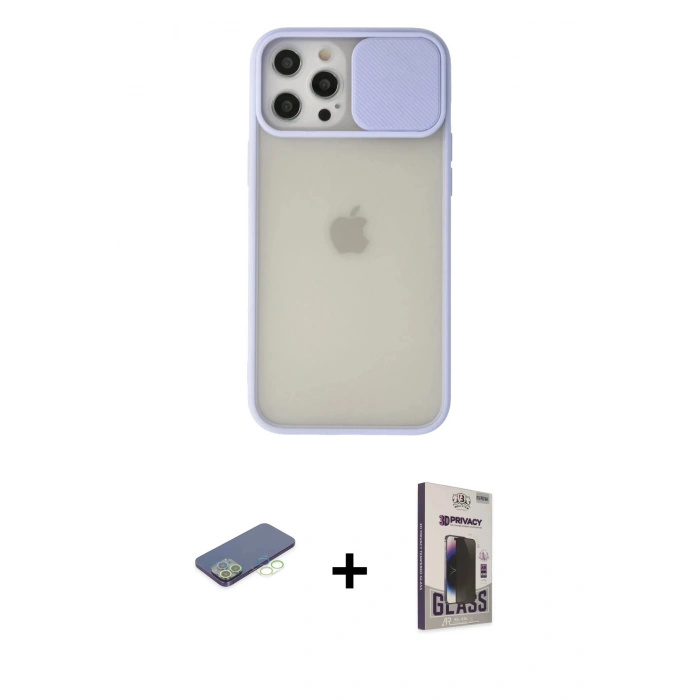 MARSİLYAN™- iPhone 12 Pro Max Kılıf Vadi Çizgi - Siyah Bilvis Hayalet Cam Ekran Koruyucu + Renkli Kamera Lens Koruma Cam - YL
