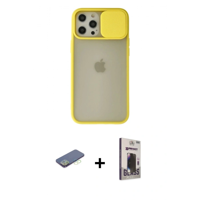 MARSİLYAN™- iPhone 12 Pro Max Kılıf Vadi Çizgi - Siyah Bilvis Hayalet Cam Ekran Koruyucu + Renkli Kamera Lens Koruma Cam - YL