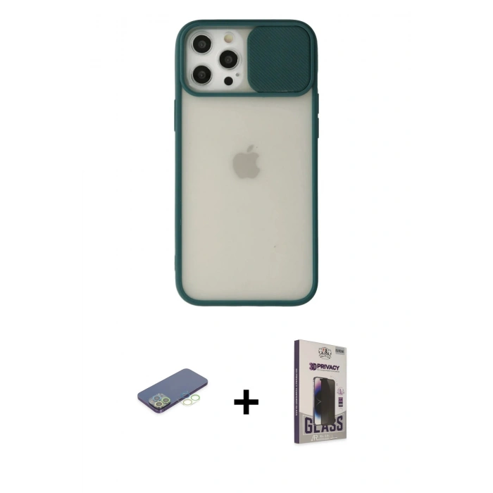 MARSİLYAN™- iPhone 12 Pro Max Kılıf Vadi Çizgi - Siyah Bilvis Hayalet Cam Ekran Koruyucu + Renkli Kamera Lens Koruma Cam - YL