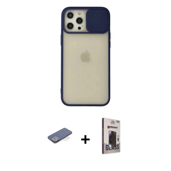 MARSİLYAN™- iPhone 12 Pro Max Kılıf Vadi Çizgi - Siyah Bilvis Hayalet Cam Ekran Koruyucu + Renkli Kamera Lens Koruma Cam - YL