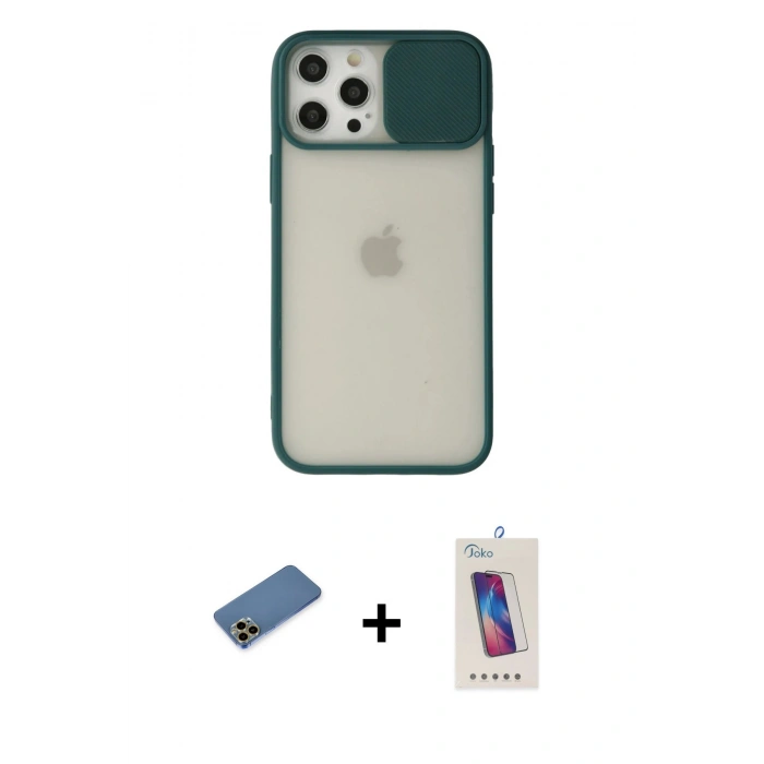 MARSİLYAN™- iPhone 12 Pro Max Kılıf Vadi Çizgi - Siyah Joko 5D Cam + Gold Shine Kamera Lens Koruma Cam
